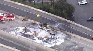 Part of 405 Freeway Closed After Hay Truck Catches Fire in Sherman Oaks
